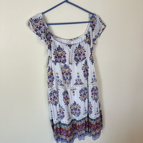 Eyeshadow Ladies Mini Dress Boho Floral Print Off Shoulder Juniors XL White Blue - Picture 1 of 6